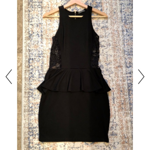 Soprano Black Ruffle Peplum Dress With Lace Panels - Picture 1 of 6